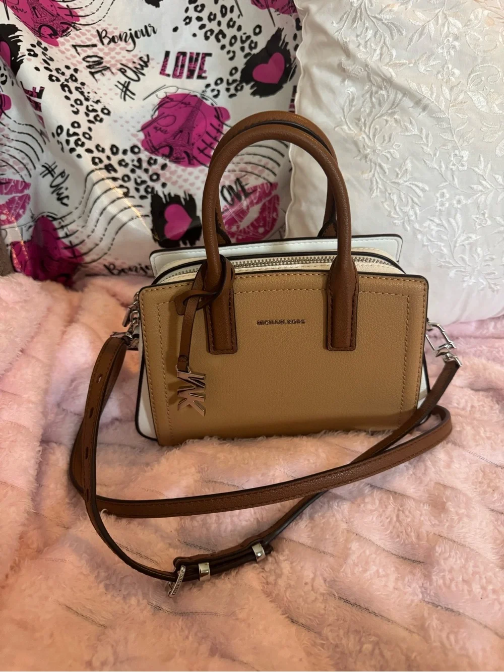 Michael Kors Two-Tone Tan and White Leather Satchel Smal